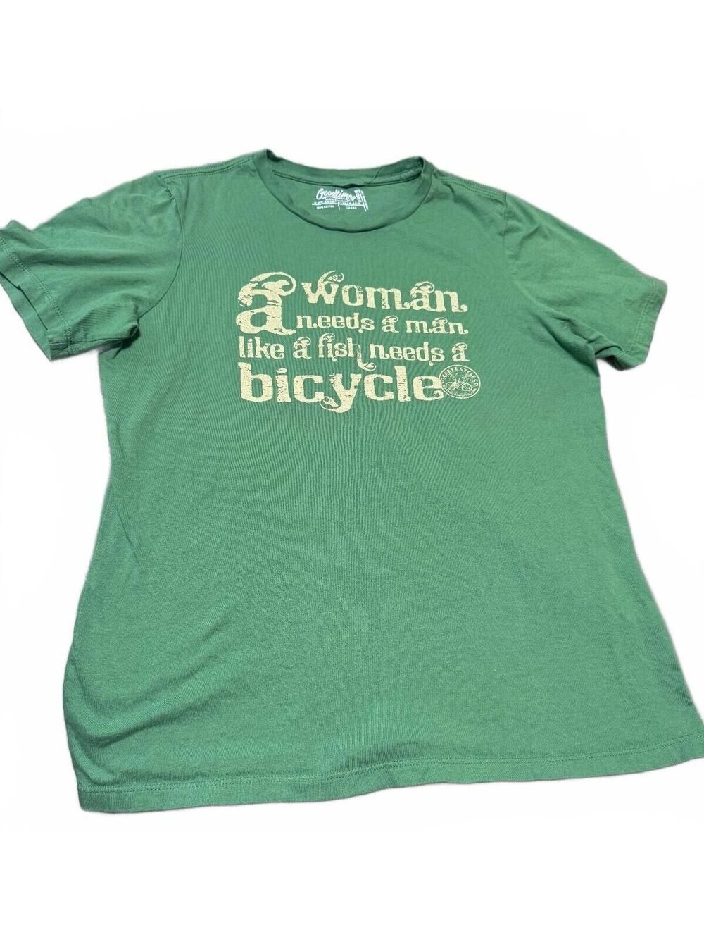 Sockeye Cycle Co Irina Dunn Feminist Quote Green Tee Shirt Size L Made in USA